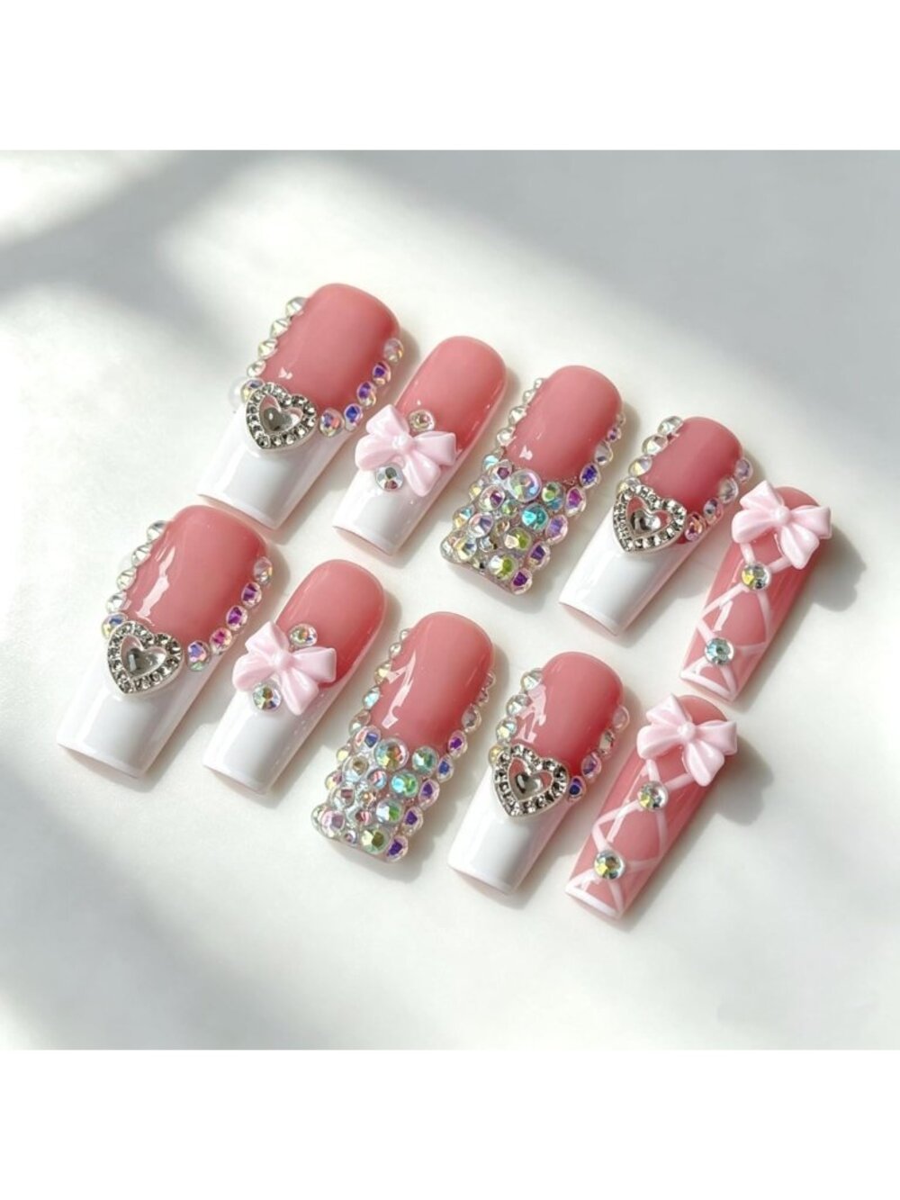 10 Pcs Long Square White French Tip Handmade Press-On Nails for Glamorous Style